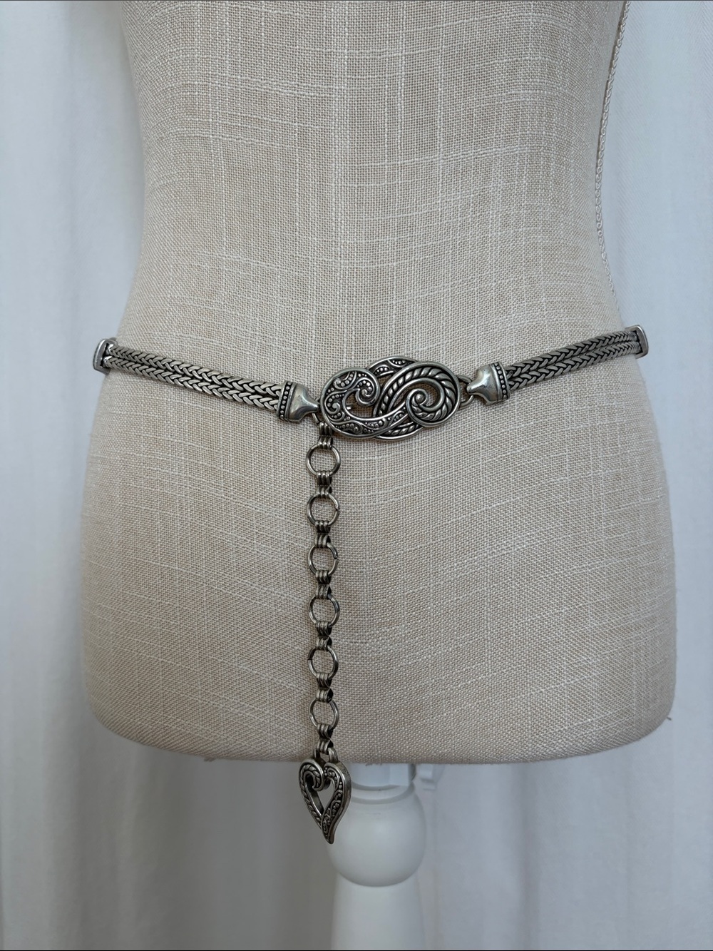 Silver Braided Chain Waist Belt with Heart Drop